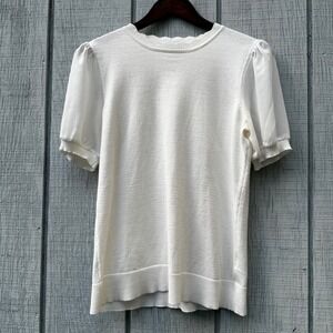 Adrianna Papell‎ White Top Sheer Puff Sleeve Knit Scalloped Neck Blouse Small